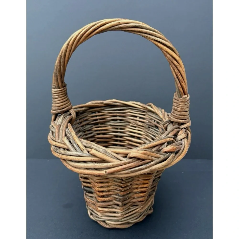 Vintage miniature child's gathering woven wicker willow basket flare rim EVC